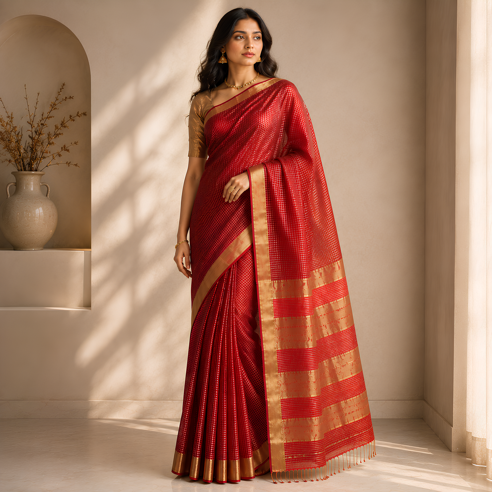 Handwoven Maheshwari saree draped in soft natural light